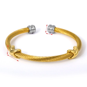 Titanium steel cable twisted bangle featuring gold X-shaped accents and silver end caps