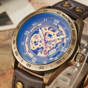 Herren Skelett Automatik Uhr im Vintage-Stil mit Bronzegehäuse und Lederarmband
