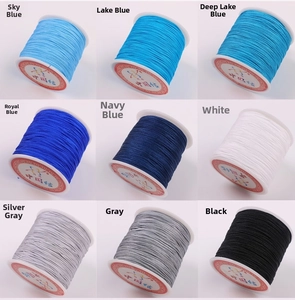 Macro display of nine colorful handmade braided cord spools for jewelry making