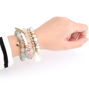 Bohemian multi-layer natural stone beaded bracelet set with gold pendants and white tassel