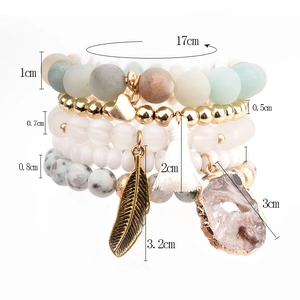 Bohemian multi-layer natural stone beaded bracelet set with gold heart and tassel charms