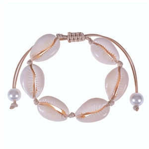 Bohemian natural seashell and pearl woven bracelet with adjustable khaki cord