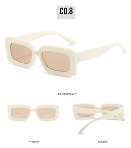 Three-view display of vintage creamy white rectangular sunglasses with light brown lenses
