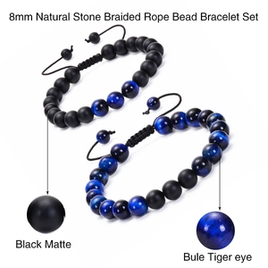 Ensemble de bracelets faits main en œil de tigre bleu et pierre noire mate de 8mm