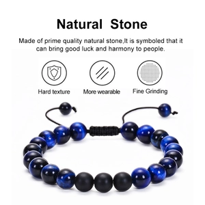 Bracelet en œil de tigre bleu naturel et pierres noires mates avec cordon ajustable