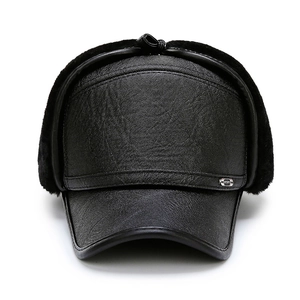 Winter faux leather trapper hat with thick black fur lining and ear flaps for warmth