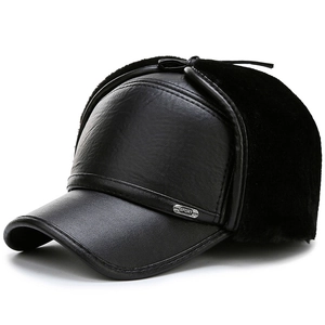 Winter faux leather baseball cap with thickened faux fur earflaps and Sport metal badge