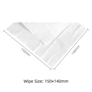 Stack of 10-pack portable baby wipes with 150mm x 140mm size dimensions shown