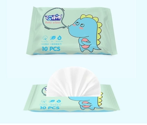 Detail of 10-pack portable baby wipes with cute dinosaur pattern and EDI pure water formula