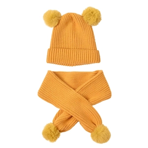 Winter mustard yellow knit hat and scarf set with faux fur double pom-poms for kids