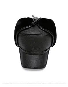 Top view of black leather winter bomber hat with warm faux fur lining and buckle