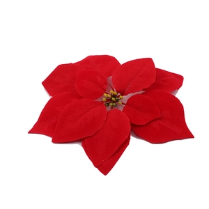 Vibrant red velvet artificial Poinsettia flower with yellow stamens for Christmas decor
