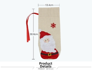 Linen Christmas wine bottle bag with Santa applique showing size 13.4cm by 30.6cm