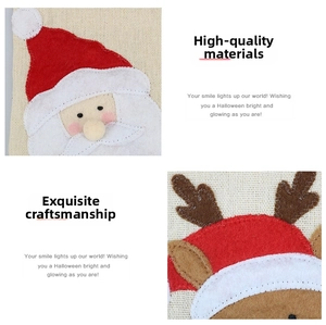 Detail of Christmas wine bottle covers featuring Santa and reindeer with felt embroidery