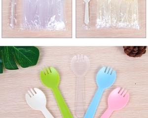 Close-up of colorful disposable plastic forks and spoons in assorted pastel colors