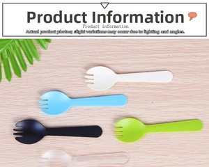 Colorful long-handle disposable plastic sporks for desserts, shown in 5 vibrant colors