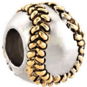 Detailed view of silver charm bead with golden braided texture for DIY charm bracelets