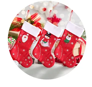Christmas stockings set with Santa, snowman and reindeer embroidery on red felt