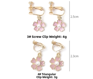 Detail of pink floral screw-on and triangle clip-on earrings with pearls
