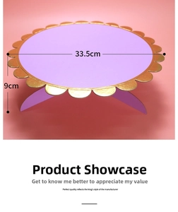 Detail view of a 33.5cm lavender paper cake stand with elegant gold scalloped edges