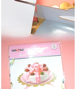 Detail of 34cm pink tiered cardboard cake stand with strawberry dessert illustration