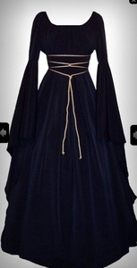 Detail of blue velvet Renaissance dress featuring lace-up bodice and flared bell sleeves