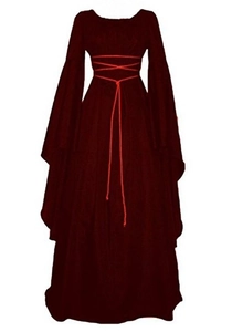 Detail of vintage dark red sorceress dress featuring flared sleeves and lace-up bodice design