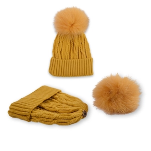 Ginger yellow cable knit winter hat and scarf set with large fluffy faux fur pompom
