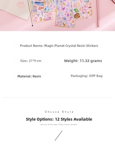 Detail showing Magic Planet epoxy stickers with 3D resin texture and golden foil