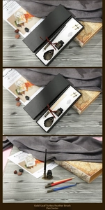 European vintage dip pen gift set with ink bottle, nibs, and holder in a black box