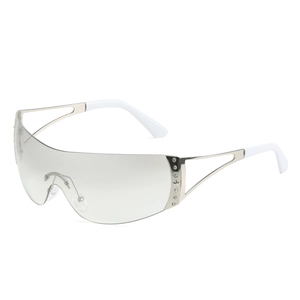 Frameless rhinestone shield sunglasses with silver metal star temples and Y2K futuristic lenses