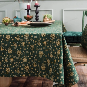 Green Christmas tablecloth with gold bell prints on cotton linen for festive dining