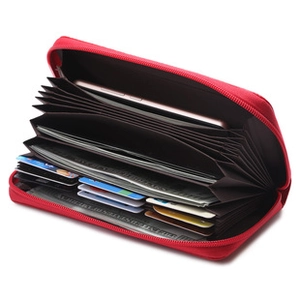 Detail showing red large capacity RFID wallet with multi-card slots and phone compartment