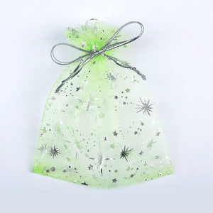 Close-up of light green organza gift bag with silver star patterns and drawstring