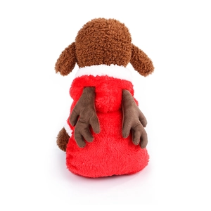 Detailed view of red coral fleece Christmas dog costume with brown elk antlers