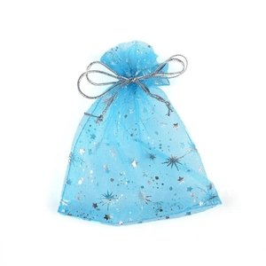 Blue organza gift bags with silver moon and star patterns for jewelry packaging