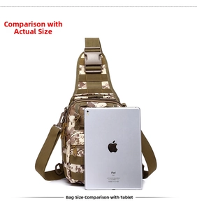 Tactical camo chest bag size comparison showing waterproof canvas and buckle details