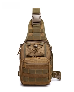 Macro view of khaki tactical chest bag with MOLLE webbing and buckle detail