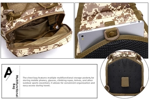 Tactical camo chest bag detail showing internal compartments and breathable mesh back