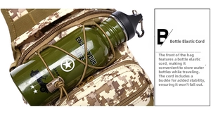 Detailed view of tactical camouflage bag with adjustable elastic drawstring bottle holder