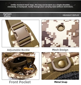 Detail view of camouflage tactical chest bag showing nylon straps and metal snap fasteners
