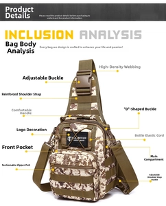 Detail view of tactical camo chest bag featuring multi-pocket design and nylon texture