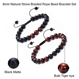 8mm Red Tiger Eye and Matte Black Agate handmade woven stone beaded bracelet set