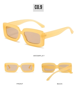 Three-angle views of retro mustard yellow rectangle sunglasses with translucent frames