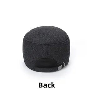Detail view of dark grey flat top military cap showing adjustable strap and metal buckle