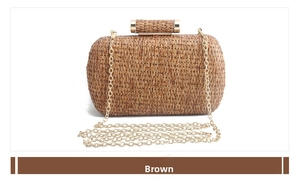 Detail of coffee brown handwoven evening clutch with gold metal clasp and chain strap