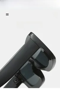 Detail view of lightweight black square sunglasses with durable hinges and elastic material