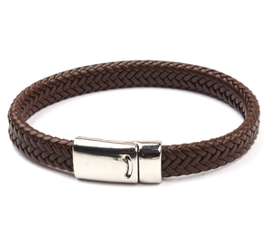 Detailed view of dark brown braided leather bracelet with silver magnetic clasp