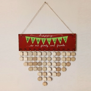 Close-up of red wooden birthday calendar plaque with hanging tags and metal rings