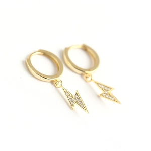 S925 sterling silver gold lightning bolt hoop earrings with shimmering zirconia